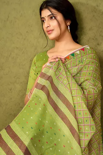 ready made green chanderi cotton screen printed casual and work saree