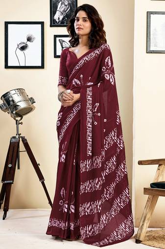 Maroon pure cotton screen printed pocket casual, work and festival ready to wear saree with blouse