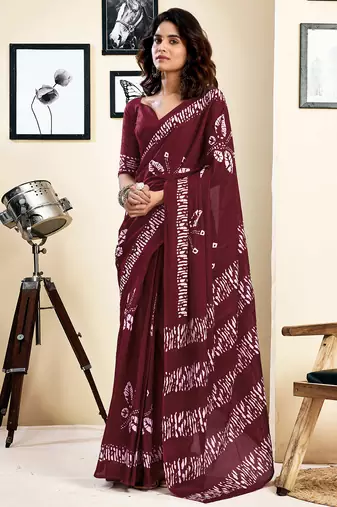 Maroon pure cotton screen printed pocket casual, work and festival ready to wear saree with blouse