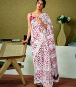 ready to wear white and pink chanderi cotton screen printed casual and work saree with blouse