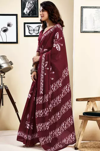ready to wear maroon pure cotton screen printed saree