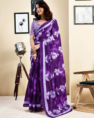pre draped purple pure cotton screen printed saree 1