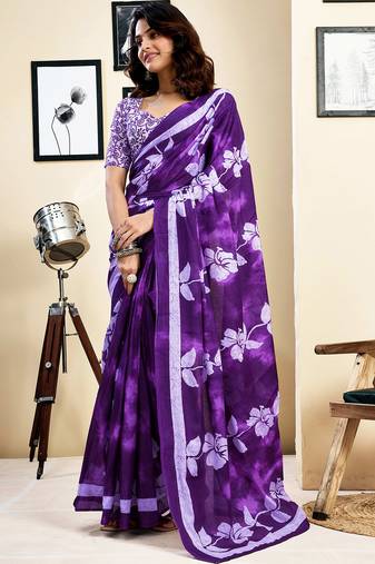 Purple pure cotton screen printed pocket casual, work and festival ready to wear saree with blouse