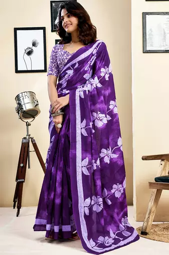 Purple pure cotton screen printed pocket casual, work and festival ready to wear saree with blouse