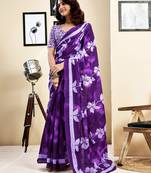 ready to wear purple pure cotton screen printed saree with blouse