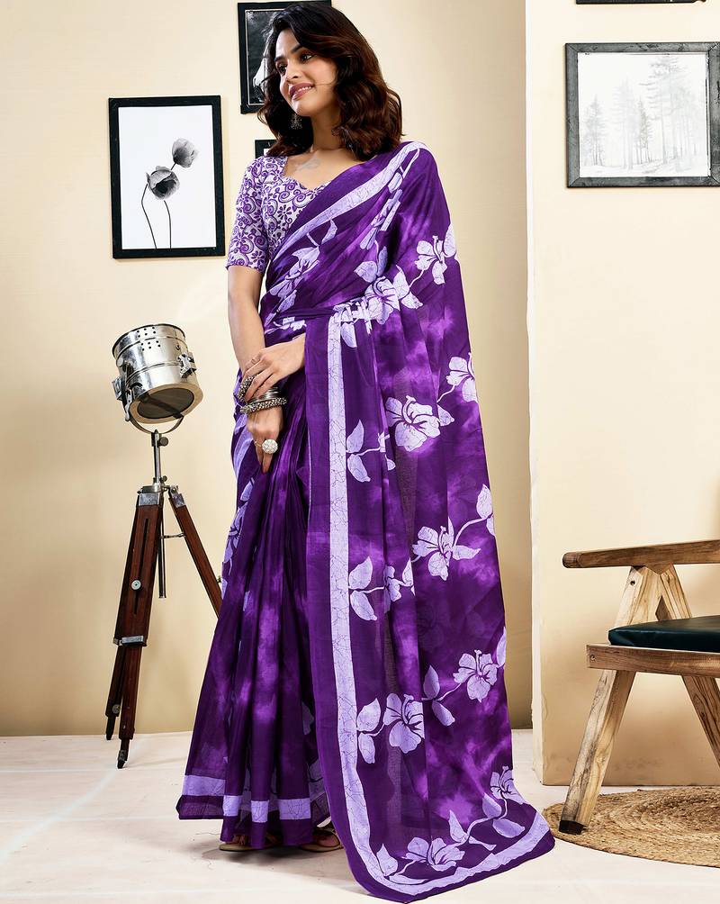 Purple pure cotton screen printed pocket casual, work and festival ready to wear saree with blouse