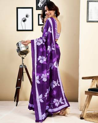 pre draped purple pure cotton screen printed saree 2