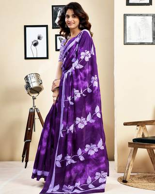 pre draped purple pure cotton screen printed saree 3