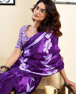 pre draped purple pure cotton screen printed saree 4