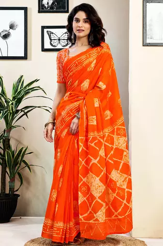 Orange pure cotton screen printed pocket casual, work and festival ready to wear saree with blouse