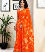 ready to wear orange pure cotton screen printed saree with blouse