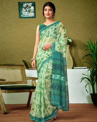 ready to wear green chanderi cotton screen printed casual and work saree 1