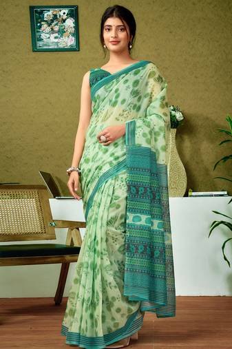 Green chanderi cotton screen printed casual and work ready to wear saree with blouse