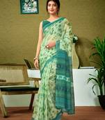 ready to wear green chanderi cotton screen printed casual and work saree with blouse