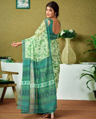 ready to wear green chanderi cotton screen printed casual and work saree 2