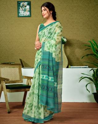 ready to wear green chanderi cotton screen printed casual and work saree 3