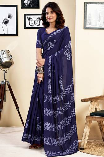Blue pure cotton screen printed pocket casual, work and festival ready to wear saree with blouse