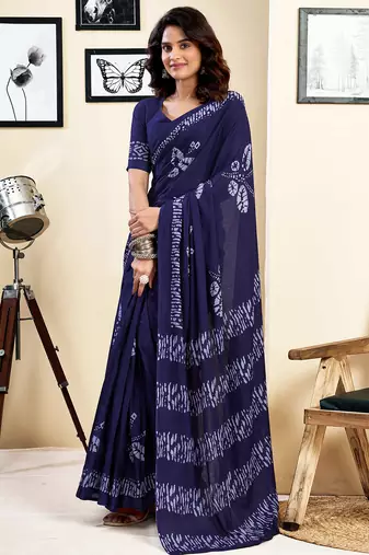 Blue pure cotton screen printed pocket casual, work and festival ready to wear saree with blouse