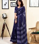 ready to wear blue pure cotton screen printed saree with blouse