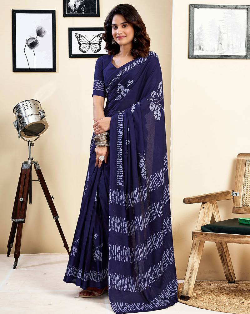 Blue pure cotton screen printed pocket casual, work and festival ready to wear saree with blouse