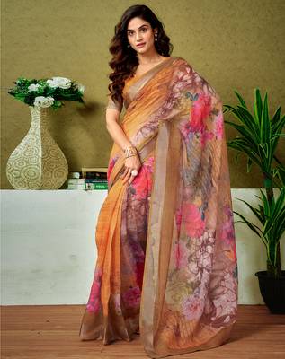 pre draped orange linen zari screen printed casual and work saree 1