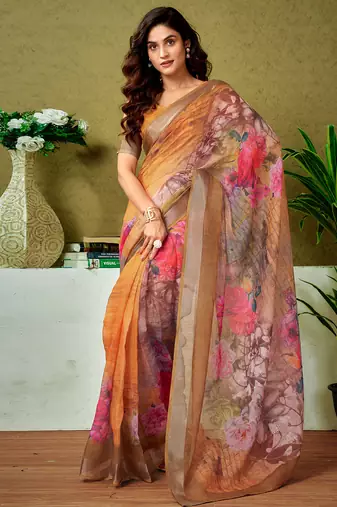Orange linen zari screen printed casual and work ready to wear saree with blouse