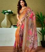 ready to wear orange linen zari screen printed casual and work saree with blouse