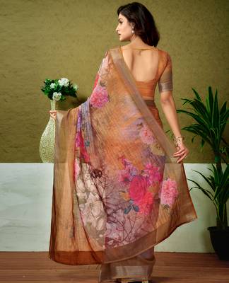 pre draped orange linen zari screen printed casual and work saree 2