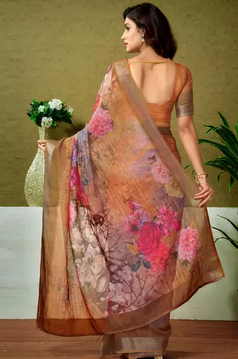 pre draped orange linen zari screen printed casual and work saree