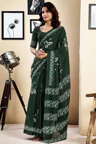 Green pure cotton screen printed pocket casual, work and festival ready to wear saree with blouse