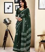 ready to wear green pure cotton screen printed saree with blouse