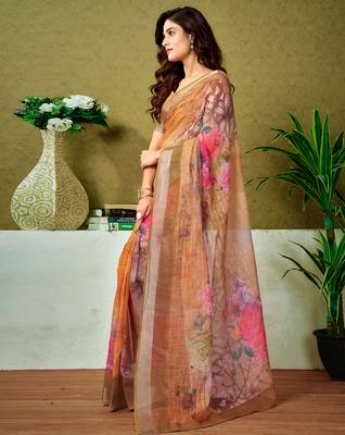 pre draped orange linen zari screen printed casual and work saree 3