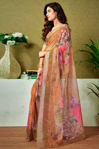pre draped orange linen zari screen printed casual and work saree