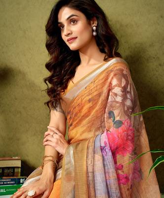 pre draped orange linen zari screen printed casual and work saree 4