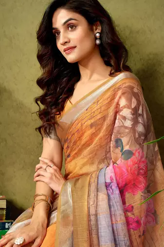 pre draped orange linen zari screen printed casual and work saree