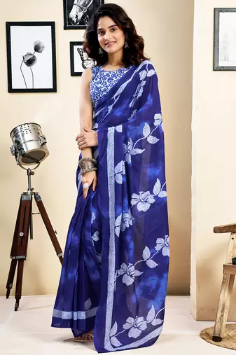 Blue pure cotton screen printed pocket casual, work and festival ready to wear saree with blouse