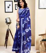 ready to wear blue pure cotton screen printed saree with blouse