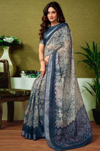 Grey and black linen zari screen printed casual and work ready to wear saree with blouse