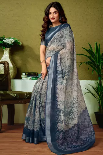 Grey and black linen zari screen printed casual and work ready to wear saree with blouse