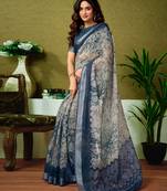 ready to wear grey and black linen zari screen printed casual and work saree with blouse