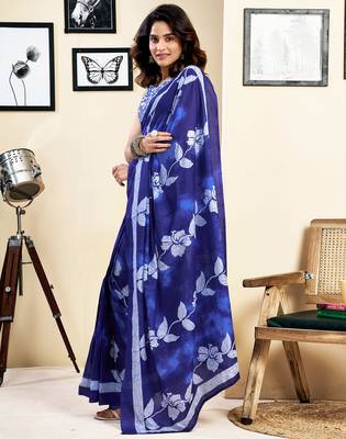 pre draped blue pure cotton screen printed saree 3