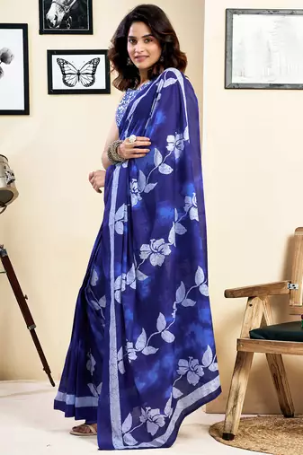 pre draped blue pure cotton screen printed saree