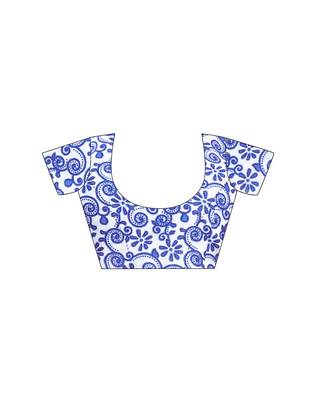 pre draped blue pure cotton screen printed saree 5