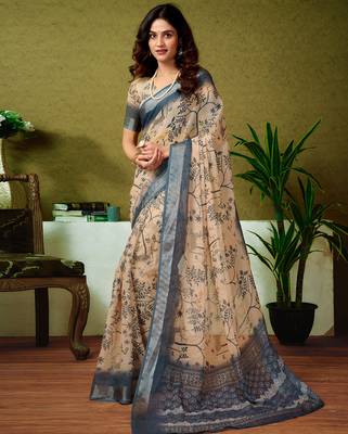 pre-stitched green and cream linen zari screen printed casual and work saree 1