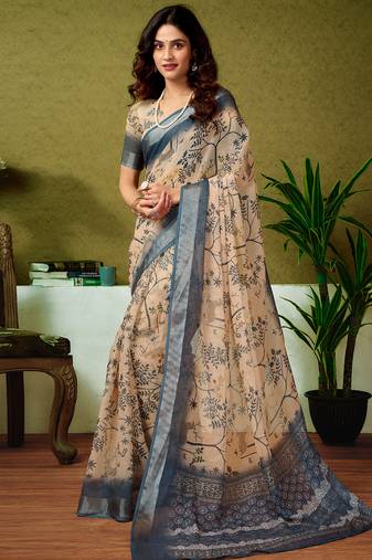 Green and cream linen zari screen printed casual and work ready to wear saree with blouse