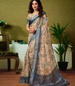 ready to wear green and cream linen zari screen printed casual and work saree with blouse