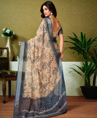 pre-stitched green and cream linen zari screen printed casual and work saree 2