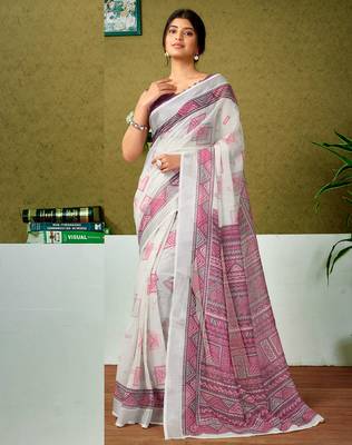 ready made off-white and mauve linen zari screen printed zari saree 1