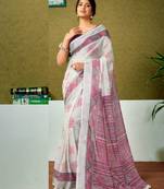 ready to wear off-white and mauve linen zari screen printed zari saree with blouse