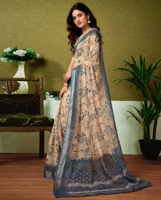 pre-stitched green and cream linen zari screen printed casual and work saree 3